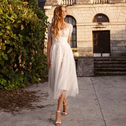 Aimishang Tea Length Sleeves Ethereal Modern A-Line V-Neck Button Back Wedding Dress