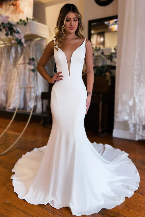 Aimishang Elegant Simple White Mermaid Backless Boho Wedding Dress
