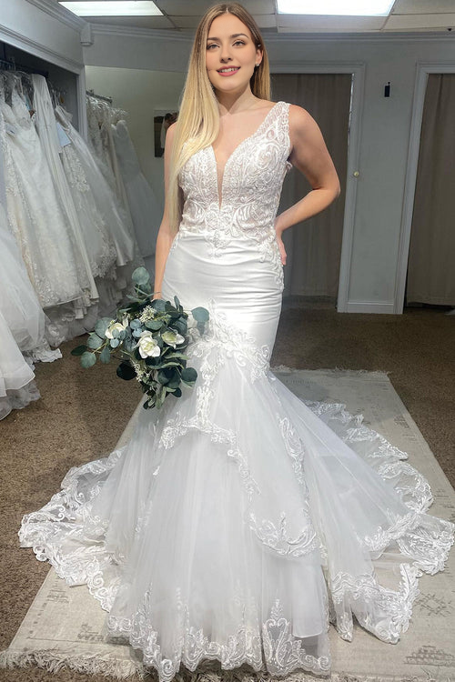 Aimishang Elegant Deep V-Neck Mermaid White Long Wedding Dress with Lace