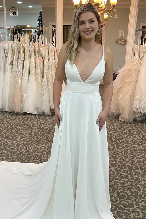 Aimishang Elegant A-Line Spaghetti Straps White Long Wedding Dress with Beading