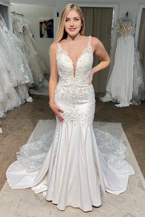 Aimishang Elegant White Deep V-Neck Mermaid Long Wedding Dress with Appliques