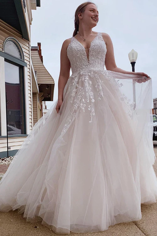 Aimishang Elegant White A-Line Tulle Sparkly White Wedding Dress with Appliques