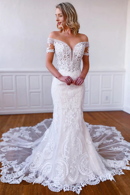 Aimishang Elegant Mermaid Off-the-Shoulder Short Sleeves Long White Lace Bridal Dress