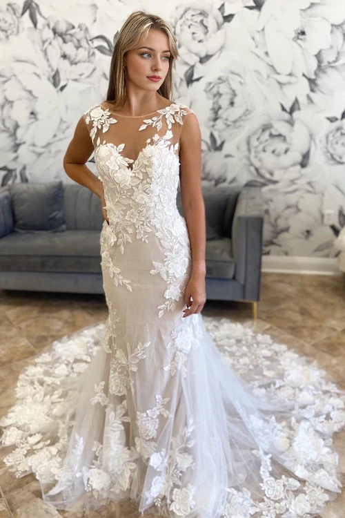 Aimishang Elegant White Illusion Neck Appliques Mermaid Long Wedding Dress