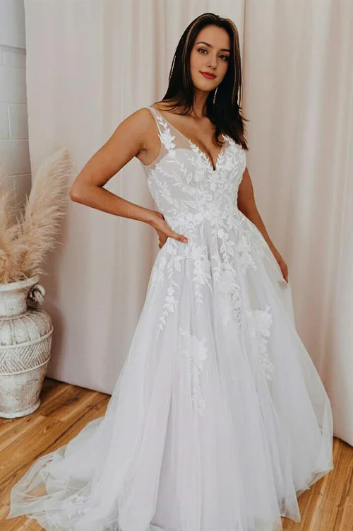 Aimishang Elegant A-Line V Back Long White Wedding Dress with Lace Appliqued