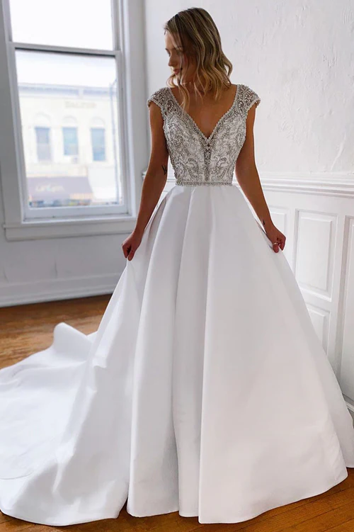 Aimishang Elegant A-Line V-Neck Long White Wedding Dress with Silver Beads