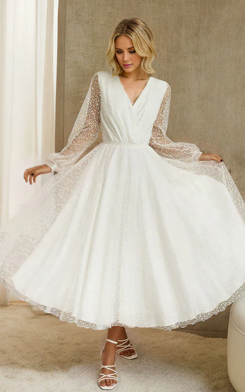 Aimishang Elegant A-Line Tulle White Tea-Length Long Sleeve Wedding Dress