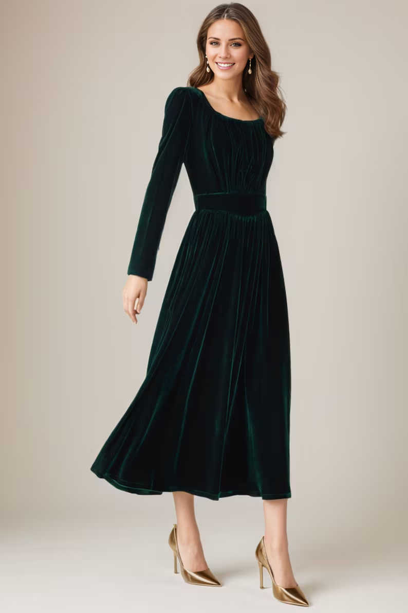 Aimishang Elegant Velvet Dress Long Sleeves Dress V Neck Formal Dress for Wedding Guest