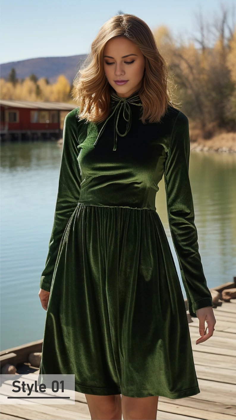 Aimishang Elegant High Neck Velvet Dress Long Sleeves Dress Formal Dress