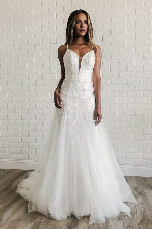 Aimishang Elegant A-Line Tulle White Spaghetti Straps Wedding Dress with Appliques