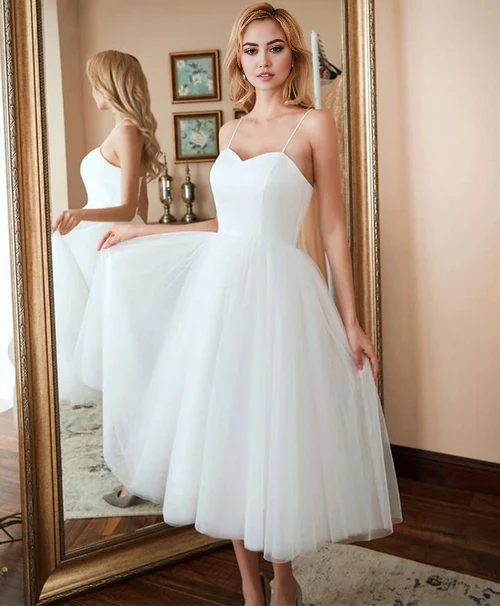 Aimishang Elegant A-Line Spaghetti Straps White Satin Tulle Tea-Length Wedding Dresses