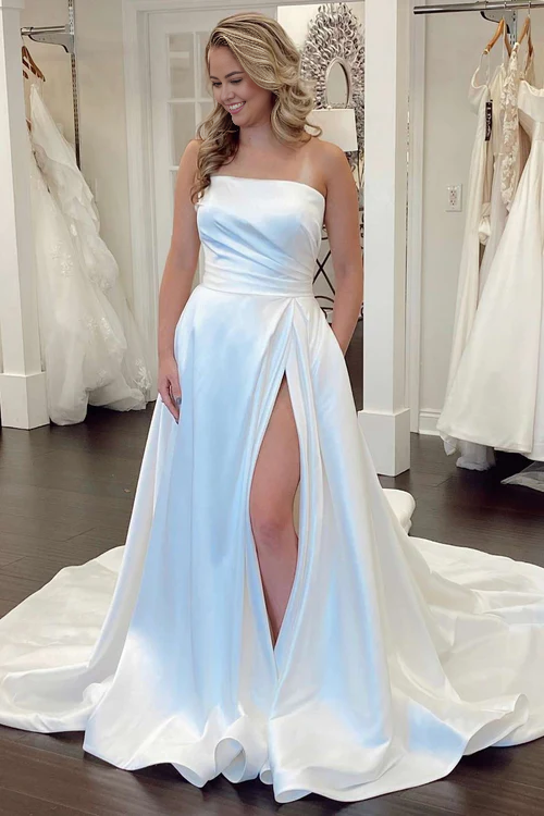 Aimishang Elegant Mermaid White Satin Strapless A-Line Wedding Dress with Slit