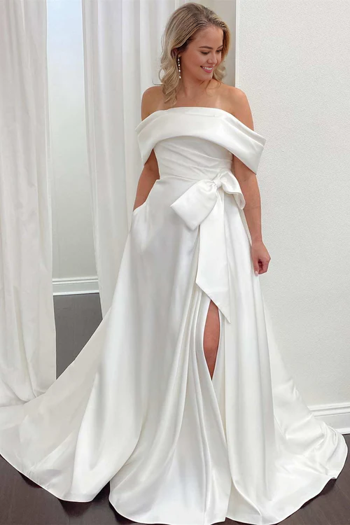 Aimishang Elegant White Satin Off-the-Shoulder Bow A-Line Wedding Dress with Slit