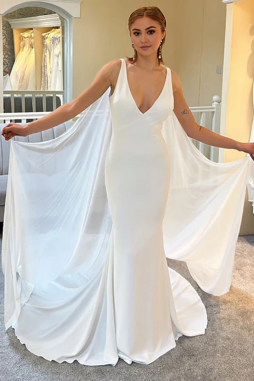 Aimishang Elegant White Plunge V Mermaid Long Wedding Dress with Detachable Cape