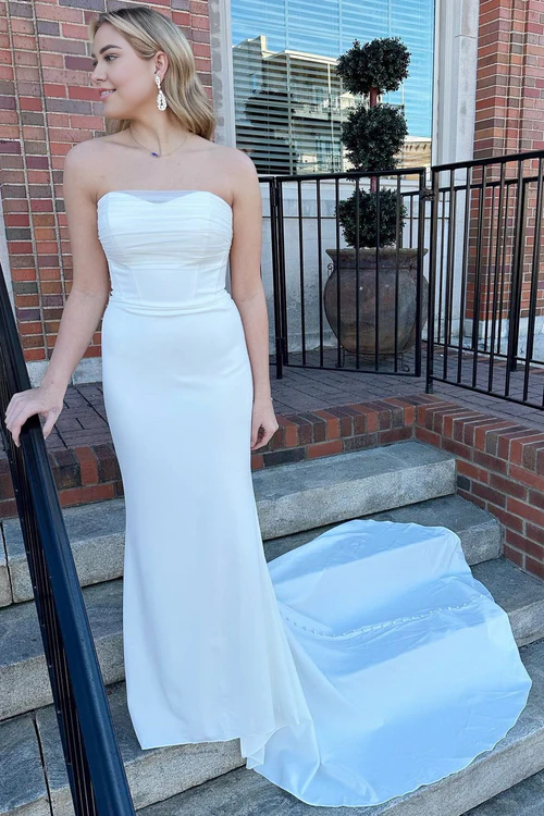 Aimishang Elegant White Satin Strapless Mermaid Long Wedding Dress