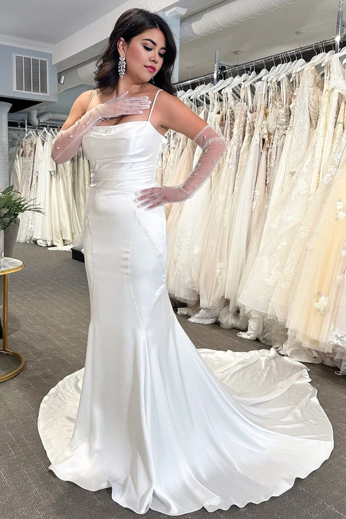 Aimishang Elegant White Cowl Neck Covered Button Back Mermaid Long Wedding Dress