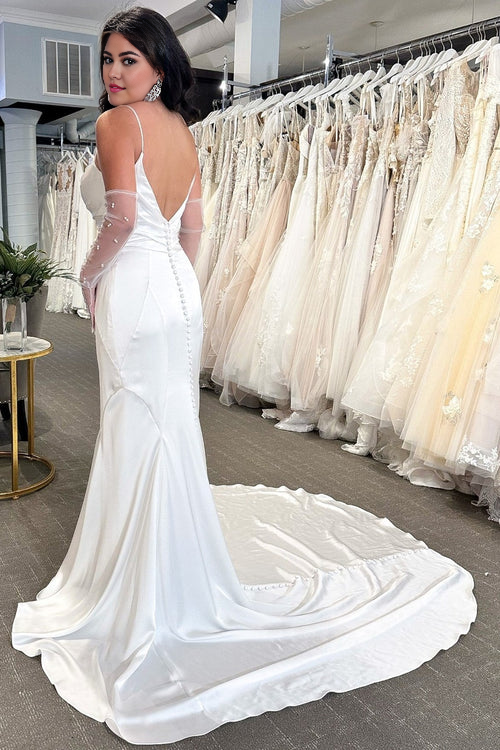 Aimishang Elegant White Cowl Neck Covered Button Back Mermaid Long Wedding Dress