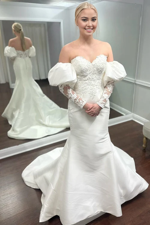 Aimishang White Appliques Off-the-Shoulder Mermaid Wedding Dress with Detached Sleeves