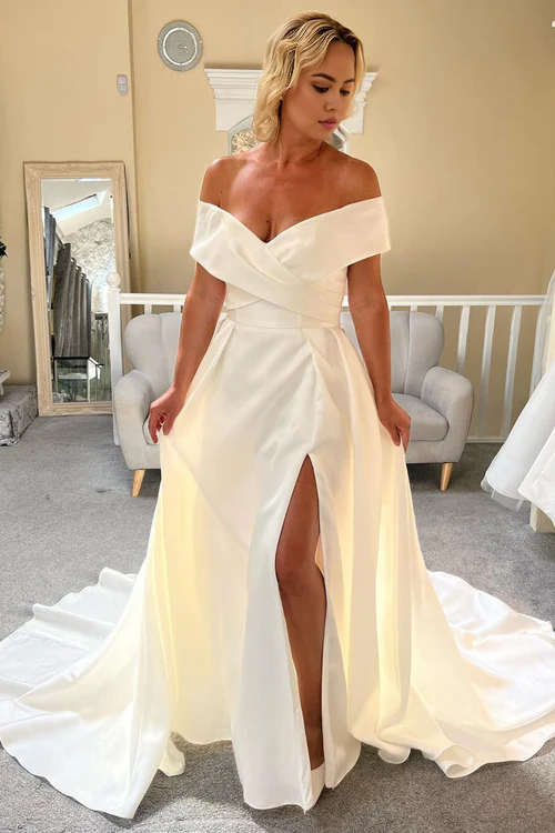 Aimishang Elegant Satin White Off-the-Shoulder Long Wedding Dress with Slit