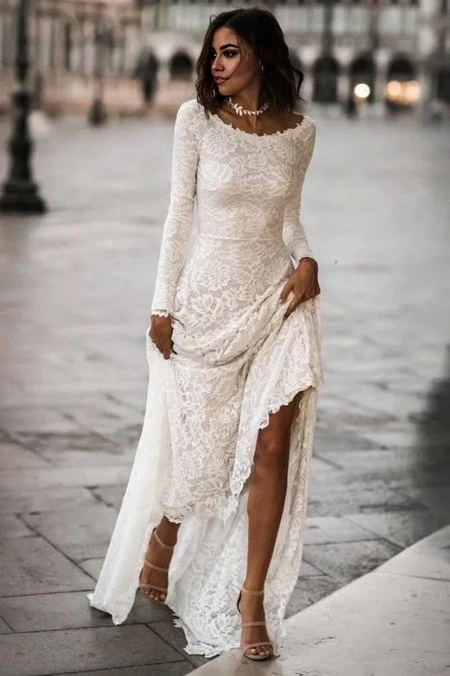 Aimishang Elegant Long Sleeves Ivory Wedding Dresses with Sweep Train