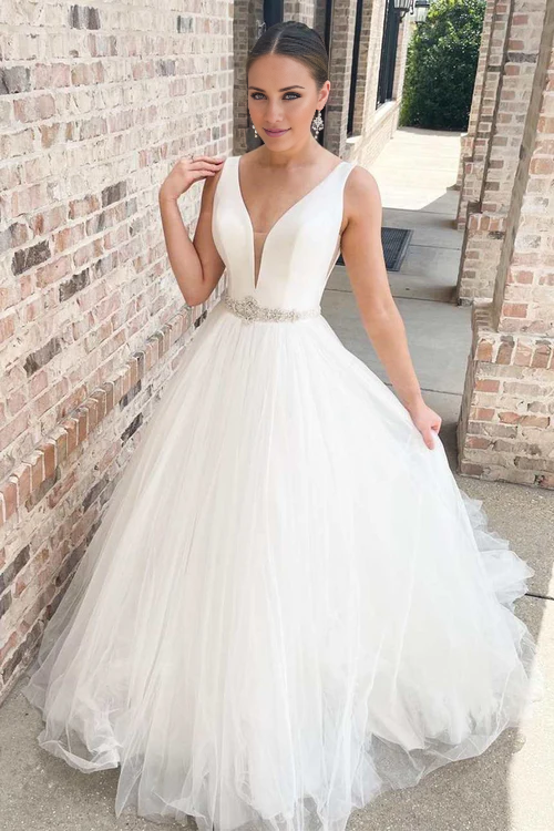 Aimishang Elegant White V-Neck A-Line Long Wedding Dress with Sashes