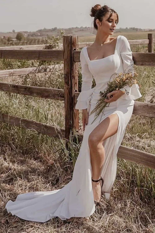 Aimishang Elegant White Square Neck Long Sleeve Long Wedding Dress with Slit
