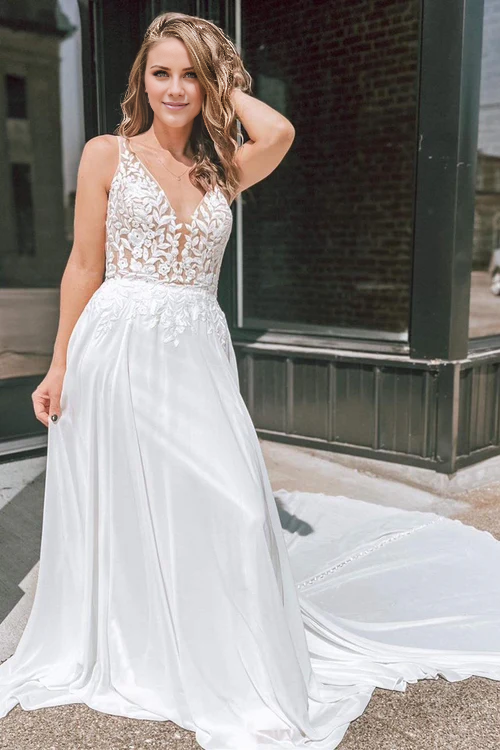 Aimishang Elegant White Appliques Plunge V Open Back Long Wedding Dress