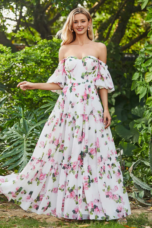 Aimishang Elegant Prom Dresses Off Shoulder Flowers Ruffled Chiffon Long Dress