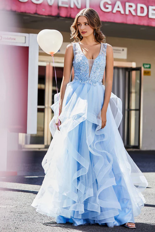 Aimishang Elegant Deep V Neck Long Prom Dresses Ruffle Ruched Tulle Dress