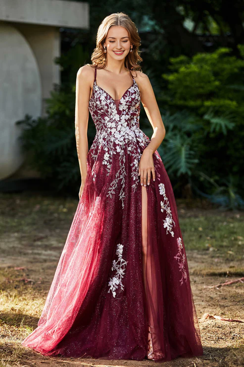 Aimishang Elegant Prom Dresses A Line Evening Dress Lace High Slit Tulle Dress