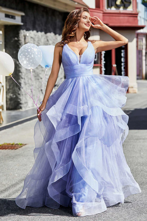 Aimishang Elegant Prom Dresses Ruched Ruffle Long Tulle Ball Gown Evening Dress