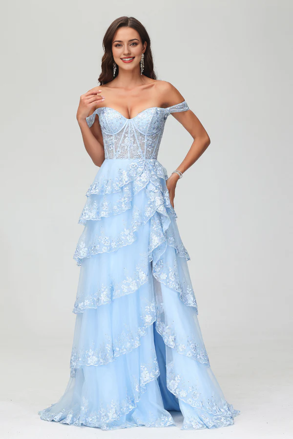 Aimishang Elegant A-Line Prom Dresses Off Shoulder Rhinestone Tulle Sweep Train Dress