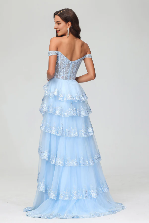 Aimishang Elegant A-Line Prom Dresses Off Shoulder Rhinestone Tulle Sweep Train Dress