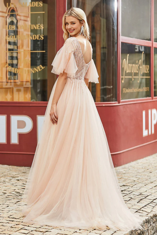 Aimishang Fashion Prom Dresses Flutter Sleeves Beaded A-Line Tulle Long Evening Dress
