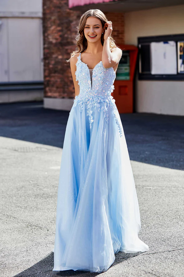 Aimishang Elegant Prom Dresses Flower Applique Lace Open Back Tulle Dress