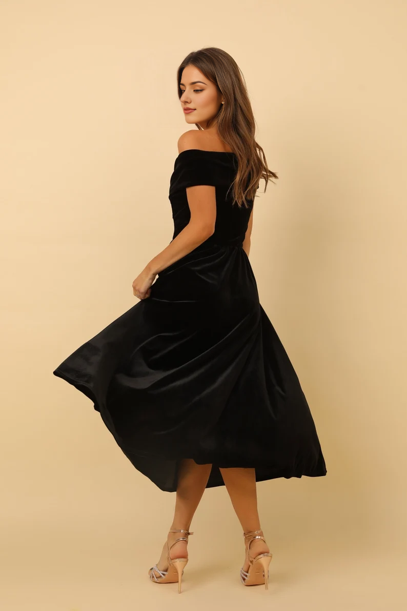 Aimishang Elegant Black Prom Dresses Velvet Dress Midi Dress Evening Dress
