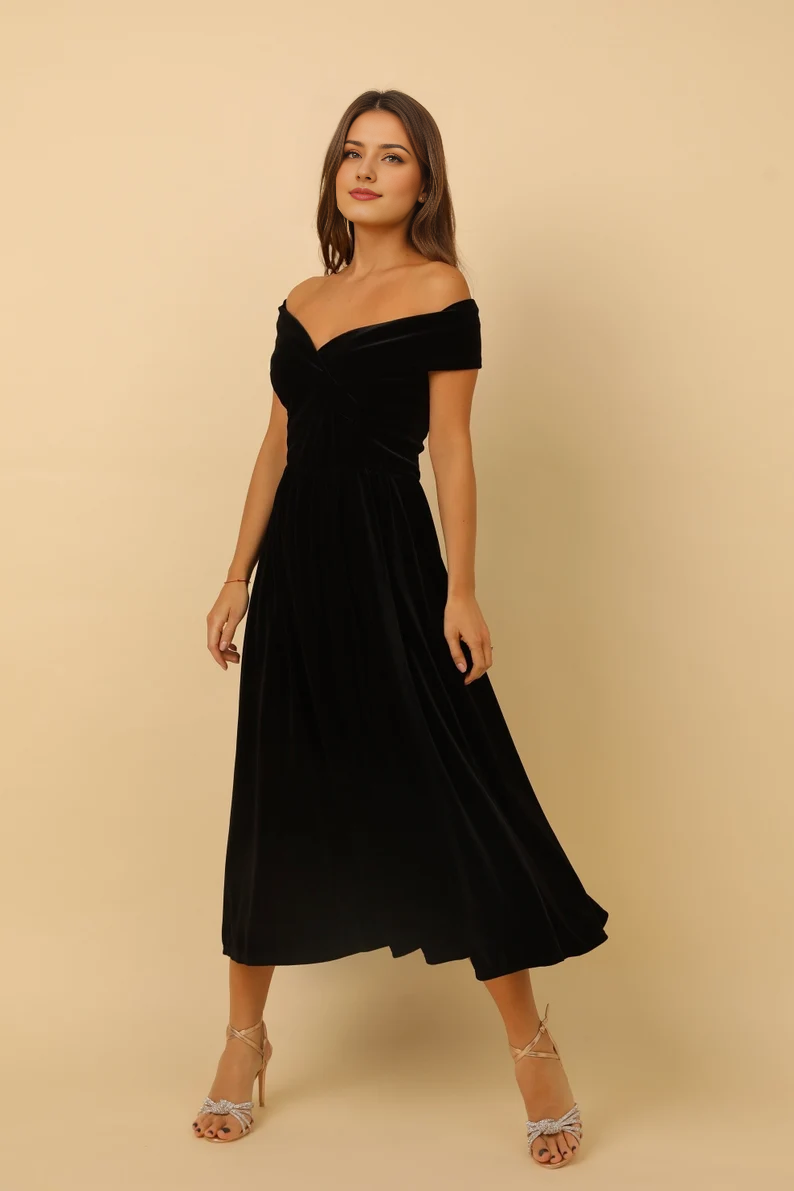 Aimishang Elegant Black Prom Dresses Velvet Dress Midi Dress Evening Dress