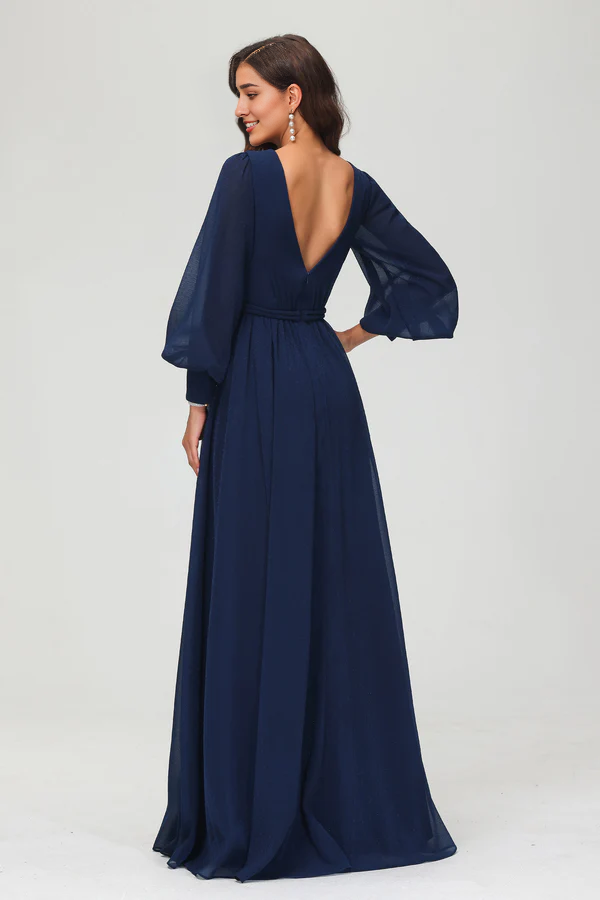 Aimishang Elegant Evening Dress Long Sleeves V Neck Prom Dresses Floor Length Dress With Slit