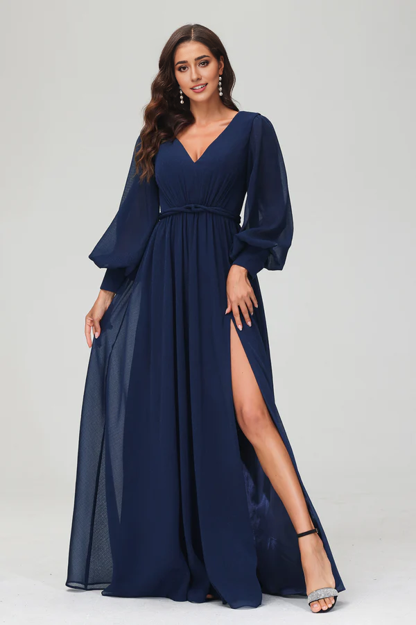 Aimishang Elegant Evening Dress Long Sleeves V Neck Prom Dresses Floor Length Dress With Slit