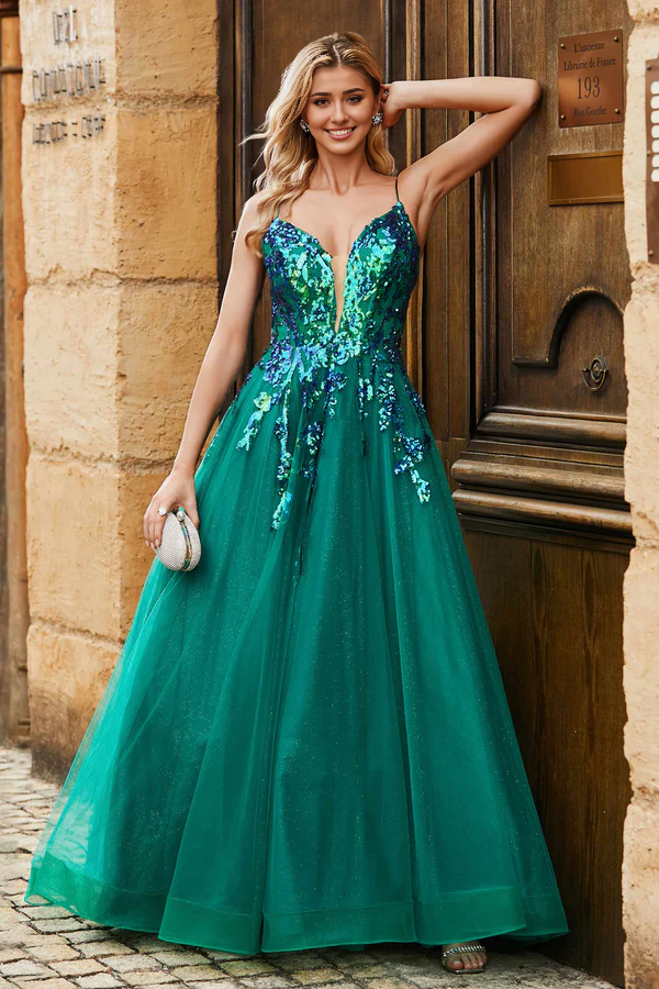 Aimishang Fashion Prom Dresses Plunging V-neck Evening Dress Sparkle Sequins A-Line Tulle Dress