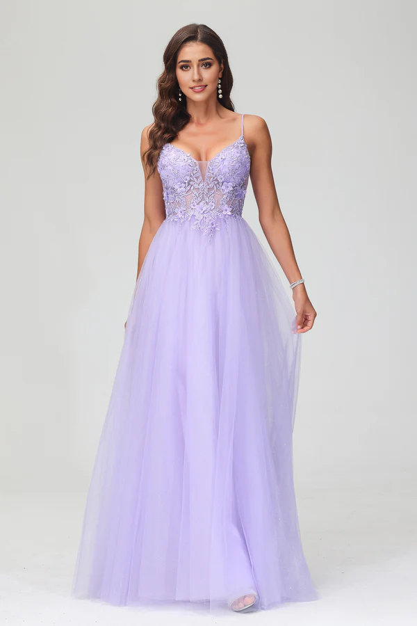 Aimishang Elegant Prom Dresses See-through V Neck Evening Dress Rhinestone Tulle Applique Long Dress