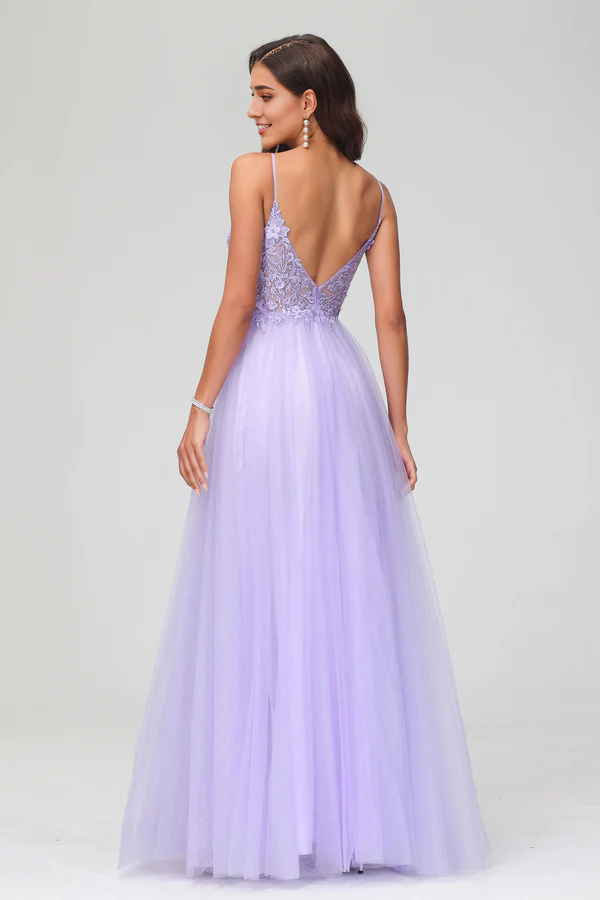 Aimishang Elegant Prom Dresses See-through V Neck Evening Dress Rhinestone Tulle Applique Long Dress