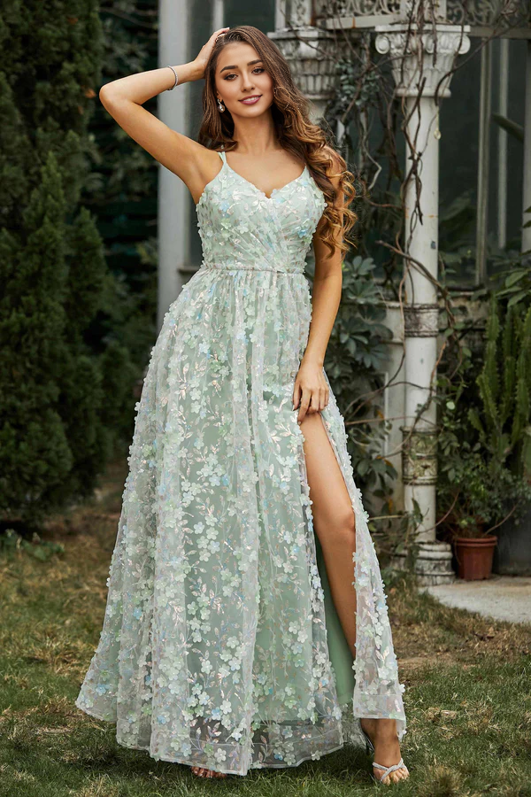 Aimishang Fashion Flowers Prom Dresses A-Line Evening Dress Lace Dress With Slit