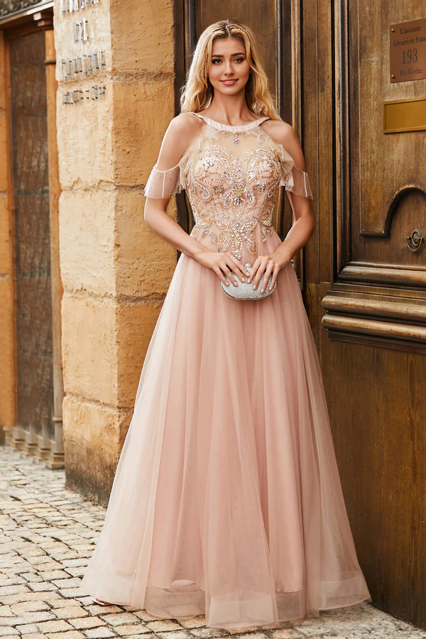 Aimishang Elegant Prom Dresses Jewel Rhinestone A-Line Evening Dress Tulle Long Dress