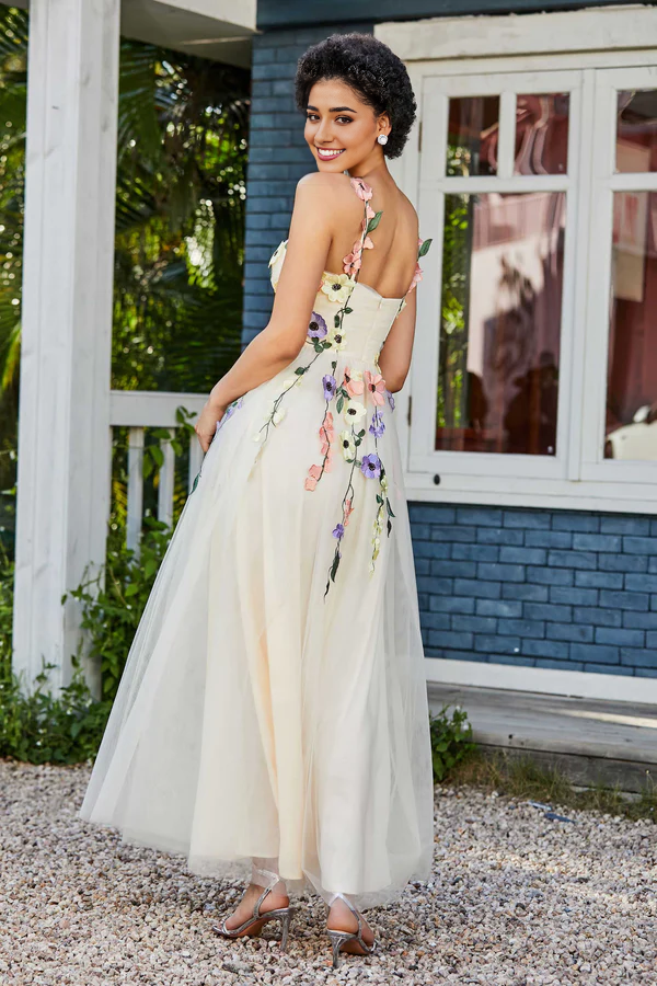 Aimishang Elegant Prom Dresses Tea Length Flower Top Ruched Tulle Gown Evening Dress