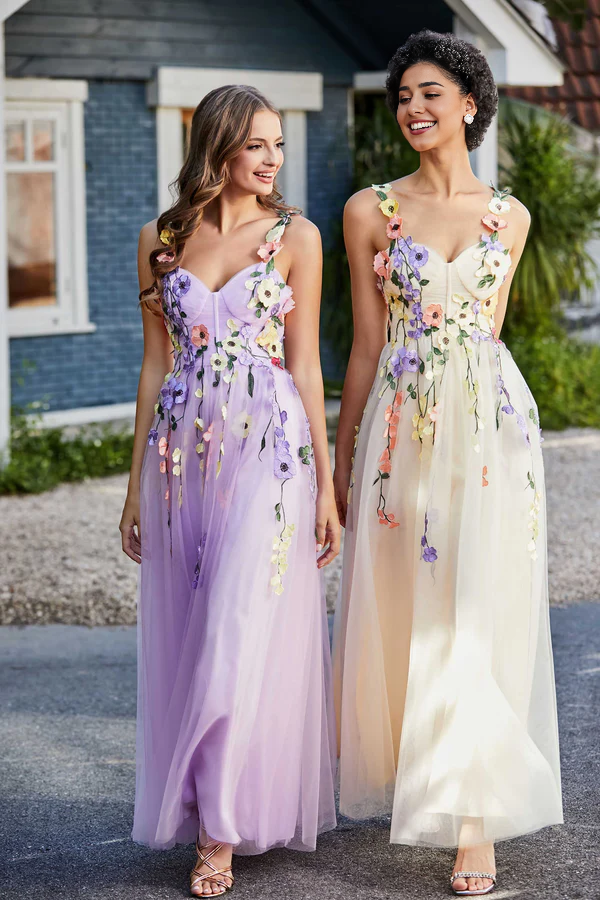 Aimishang Elegant Prom Dresses Tea Length Flower Top Ruched Tulle Gown Evening Dress