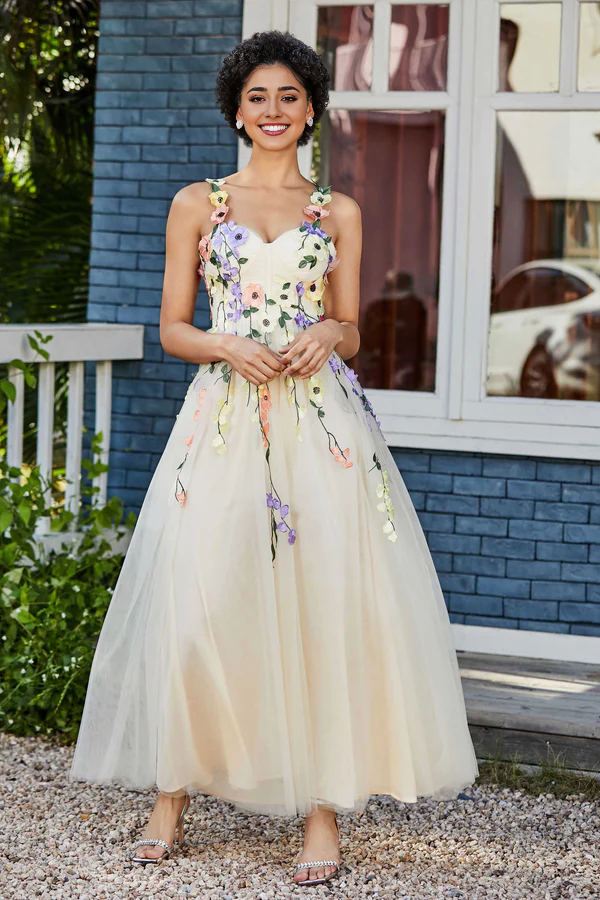 Aimishang Elegant Prom Dresses Tea Length Flower Top Ruched Tulle Gown Evening Dress