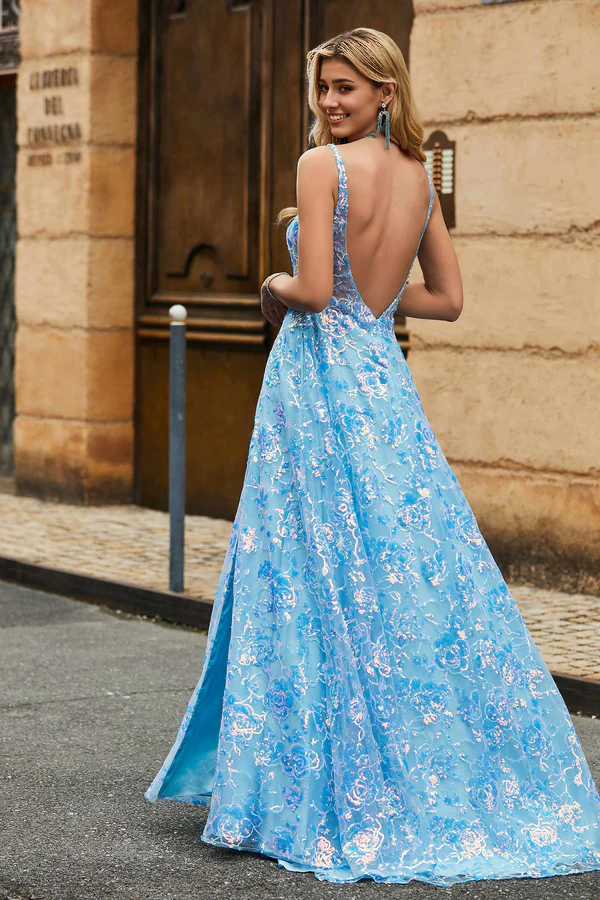 Aimishang Fashion Prom Dresses Sparkling Scoop Lace Floor-Length Dress With Slit Evening Dress