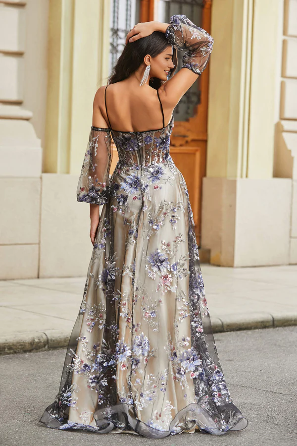 Aimishang Fashion Evening Dress Floral Sequins Ruched Satin A-Line Tulle Dress Prom Dresses