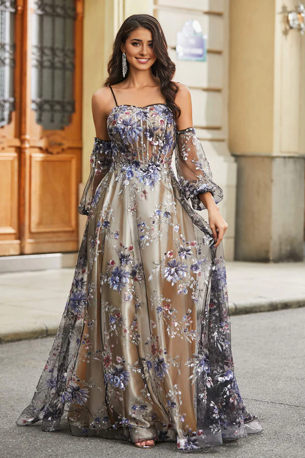 Aimishang Fashion Evening Dress Floral Sequins Ruched Satin A-Line Tulle Dress Prom Dresses
